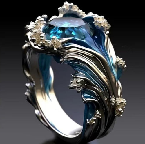 SILVER BLUE TOPAZ OCEAN WAVE RING - (ADJUSTABLE)