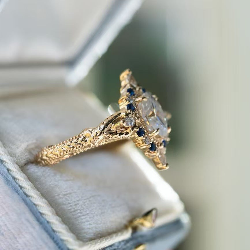 GOLD SAPPHIRE DIAMOND FLORAL HALO RING