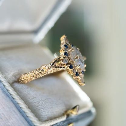 GOLD SAPPHIRE DIAMOND FLORAL HALO RING