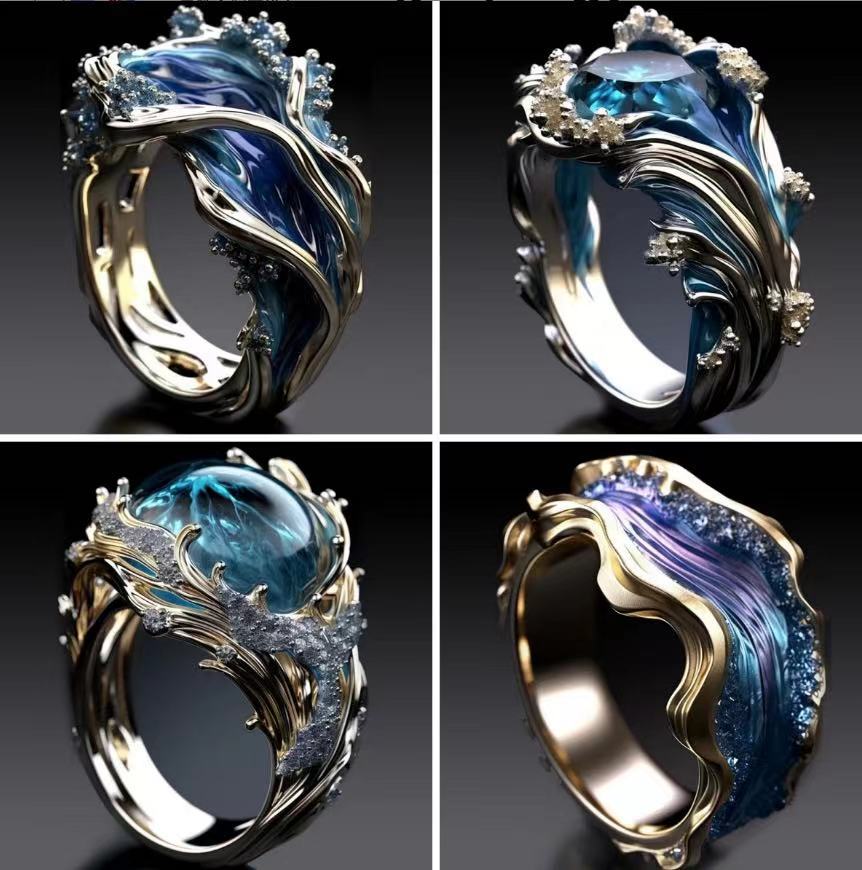 SILVER BLUE TOPAZ OCEAN WAVE RING - (ADJUSTABLE)