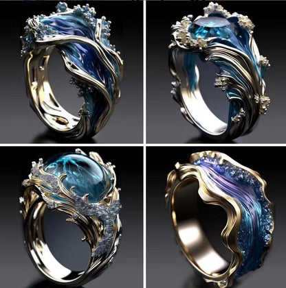 SILVER BLUE TOPAZ OCEAN WAVE RING - (ADJUSTABLE)